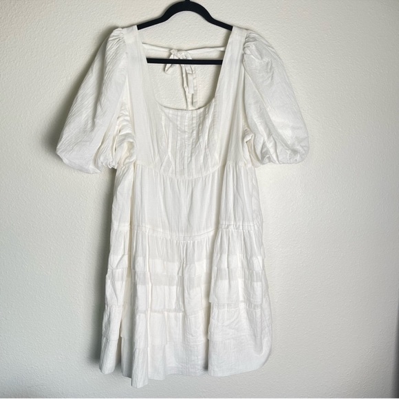 By Anthropologie Mini Tiered Baydoll Dress Size 1X White Square-Neck Puff Sleeve - Picture 5 of 12
